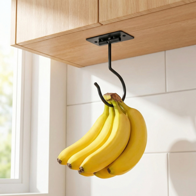 Food Storage In Cabinets - Черный металлический самоклеящийся крючок-банан, складная полка
